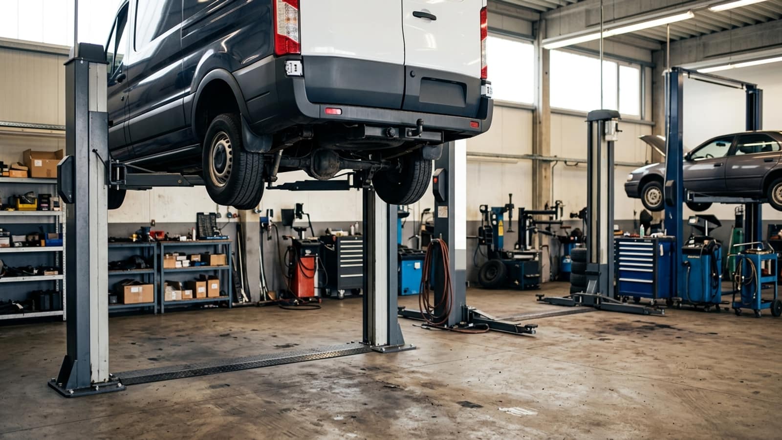Auto repair equipment planning scene for Equipment Financing vs. a Business Loan for an Auto Shop